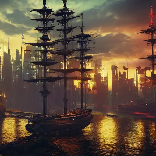 Image similar to high quality photo of a pirate ship in a cyberpunk cyberpunk cyberpunk city, realism, 8k, award winning photo