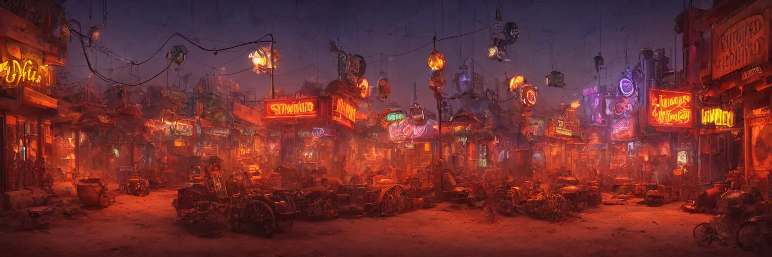 Prompt: a steampunk village in the desert at night, junk everywhere, neon lights, neon signs, magical atmosphere, mist, steam, photo realistic, 3 5 mm, matte painting, octane render, 8 k, corona render, movie concept art by guido borelli da caluso octane render, trending on artstation