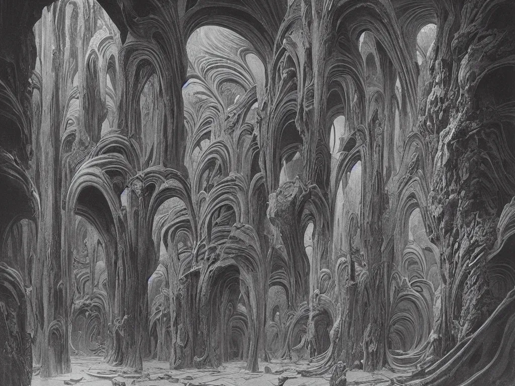 Prompt: Strange animals on Mars a million years ago. Interior of a infinite gothic temple with strange stairs, marbled columns, arches, Brancusi sculptures. Afternoon light, Aurora borealis. Painting by Beksiński, Roger Dean, Escher, Moebius