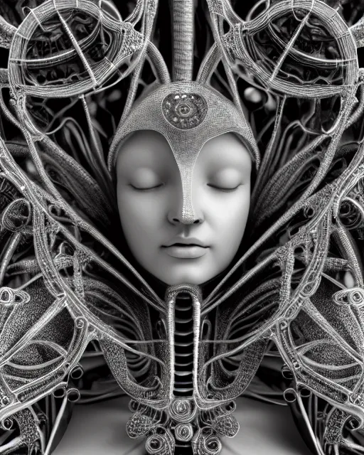 Image similar to mythical black and white organic bio-mechanical spinal ribbed profile face portrait detail of silver mechanical beautiful female angelic-queen-vegetal-cyborg, highly detailed, intricate steampunk flower and diamonds and gemstones ornate, poetic, 3D render, digital art, octane render, 8K artistic photography, photo-realistic, by Dora Maar