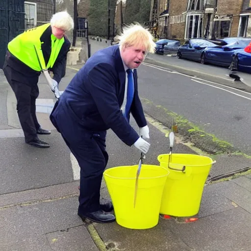 Image similar to A fine art painting of Boris Johnson doing community service in a high vis vest, he is picking litter on a British street