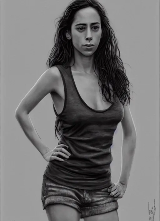 Image similar to full length photo of a sad Oona Chaplin in a tanktop in the style of stefan kostic, not realistic, sharp focus, 8k high definition, not detailed, intricate, elegant, art by stanley lau and artgerm