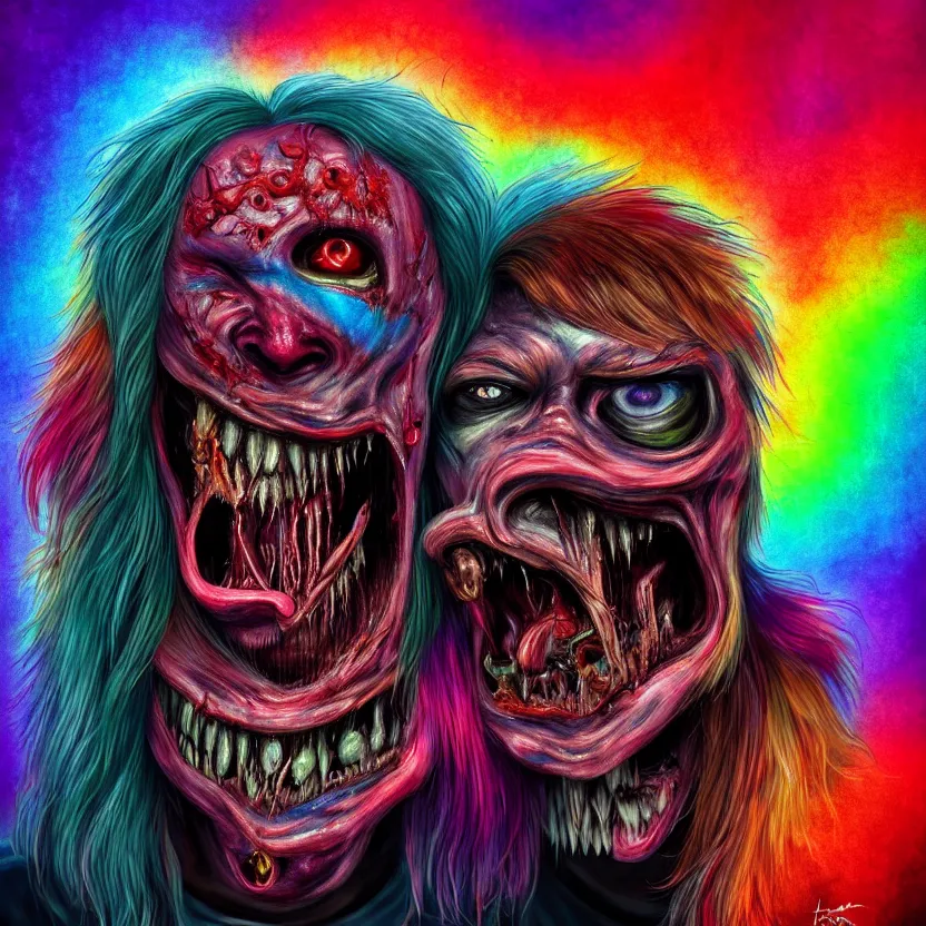 Prompt: a beautiful, colorful, flesh - eating, whimsical monster with rainbow fur, eating a terrified man, by alexandro judorowski and basia tran, fear, morbid, nightmare, supernatural, 8 k, digital art, highly detailed, chiaroscuro, creepy, terrifying