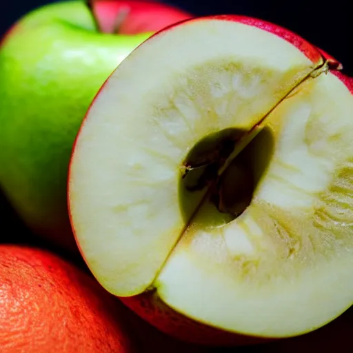 Prompt: the inside of an apple sliced in half is the flesh of an orange, apple orange