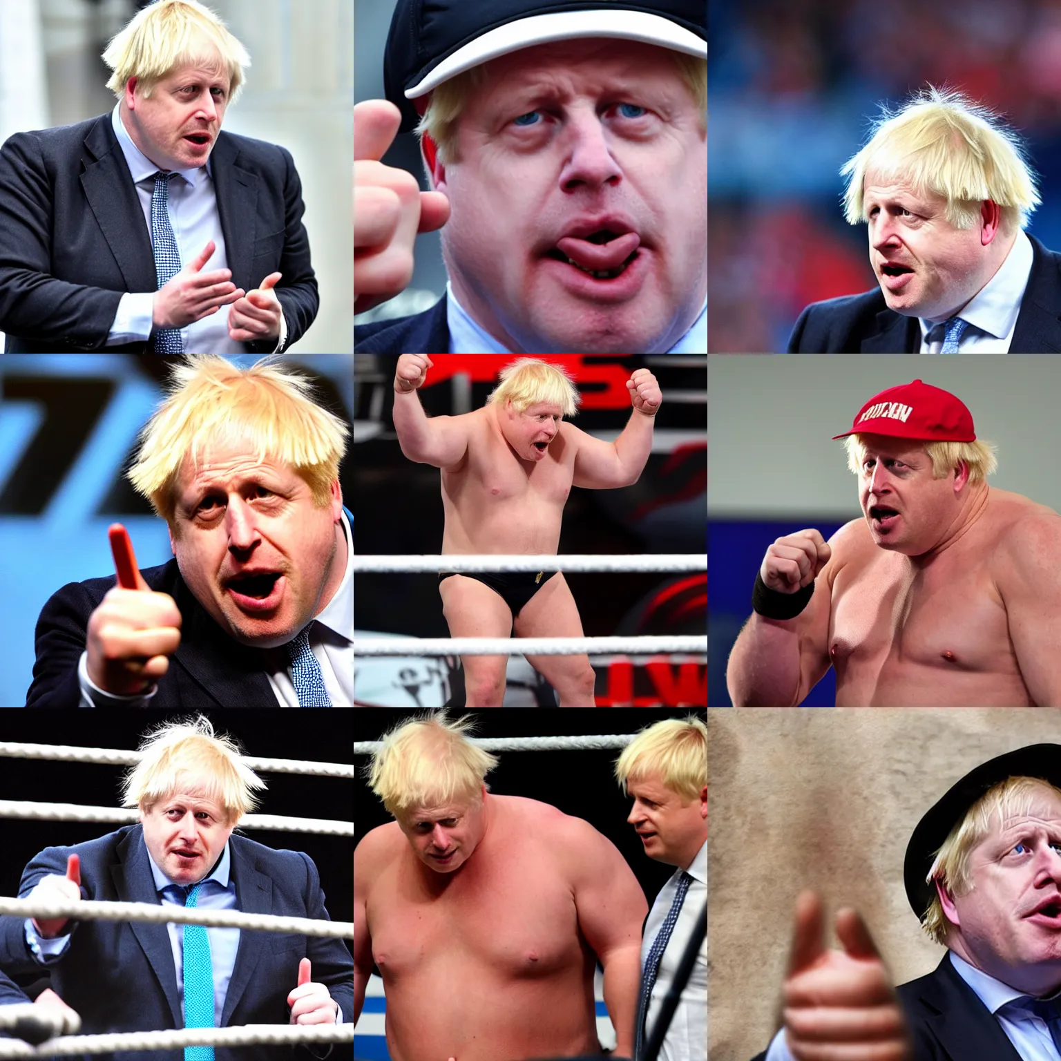 Image similar to boris johnson as an angry muscular wwe wrestler wearing a cap hat. he is looking closely at his fingers