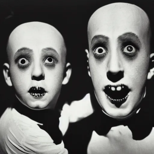 Image similar to a monochromatic studio portrait photograph of a two - headed man from the 1 9 4 1 movie freaks, in the style of diane arbus, dramatic lighting