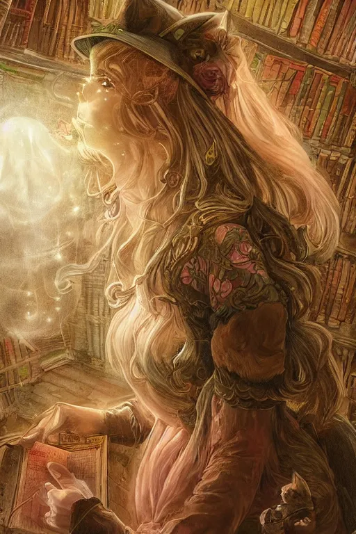 Prompt: elaborately detailed close up cartoonish portrait of an extremely beautiful witch in a library with a cat, surrounded by books, an eerie mist and many ethereal pink bubbles, Art Noveau, Aetherpunk, atmospheric lighting, dreamscape maximized, high fantasy professionally painted digital art painting, smooth, sharp focus, highly detailed illustration highlights, backlight, golden ratio, 8K detail post-processing, symmetrical facial features, rich deep moody colors, award winning picture, featured on DeviantArt, trending on cgsociety