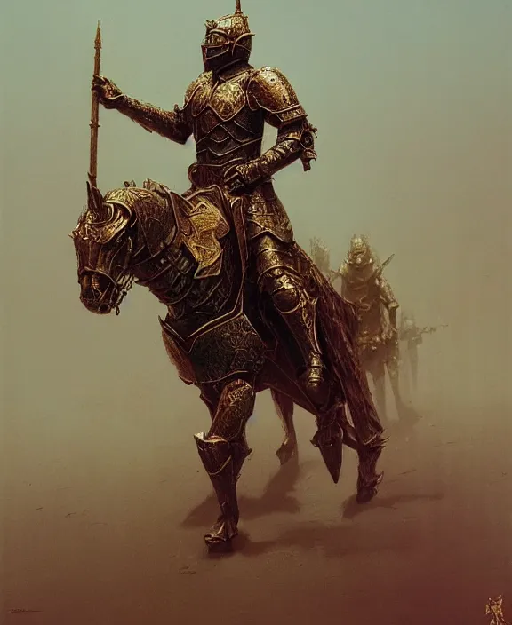 Image similar to royal knight in golden sun ornament armor, dismounted, beksinski, trending on artstation