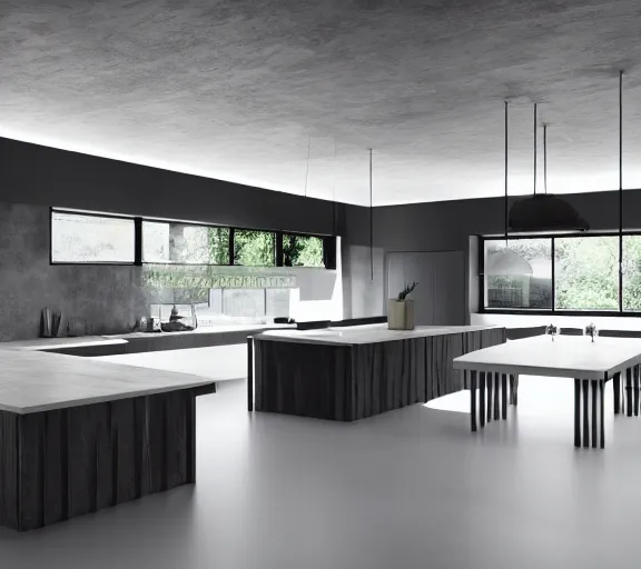 Image similar to brutalist black house kitchen with 2 islands interior design minimalist organic, organic architecture furniture open space high quality octane render blender 8 k