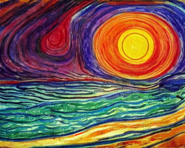 Image similar to Ocean waves in a psychedelic dream world. DMT. Landscape painting by Edvard Munch.