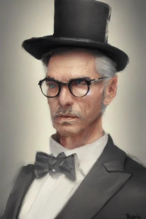 Image similar to a grey hair man with stubble top hat and suit by Greg Rutkowski, painting, portrait, high details, trending on artstation