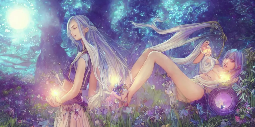 Prompt: final fantasy key visual of a pretty girl with blue flowing hair, wearing a short skirt and a crop top, meditating in a magical fantasy garden at night, moonlight, fireflies glowing, lofi feel, magical, highly detailed, digital art, artstation, smooth, hard focus, illustration, art by artgerm - in the style of final fantasy and studio ghibli