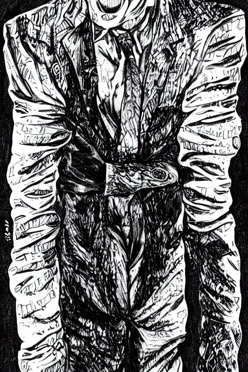 Image similar to George Soros full body portrait, body horror, black and white Illustration by Junji Ito