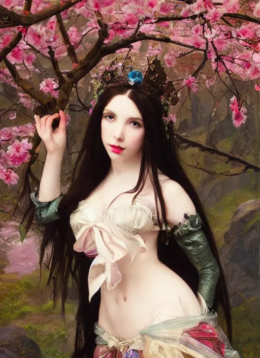 Prompt: Amouranth as an evil princess by Frederick Edwin Church and James Jean, rule of thirds, seductive look, beautiful, in Harajuku Japan during sakura season, masterpiece, Refined