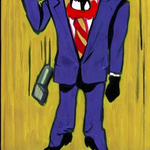 Prompt: villainous smug male antagonist in suit, fancy apartment, artwork by ralph bakshi