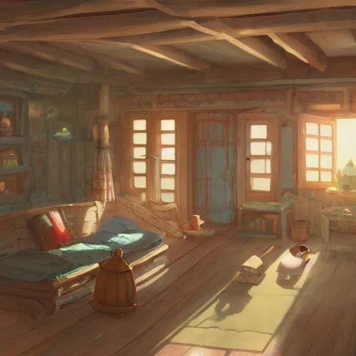 Image similar to concept art painting of interior of a cozy cottage with european and japanese design, realistic, detailed, cel shaded, in the style of makoto shinkai and greg rutkowski and james gurney