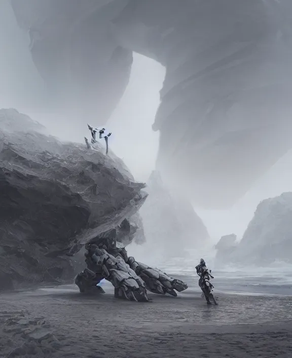 Image similar to surreal romantic prometheus horizontal white mecha building architecture by ruan jia, futuristic blame, white architecture in the beach in iceland, foggy, highly detailed, digital painting, arstation, concept art, hyperealistic octane render, unreal engine