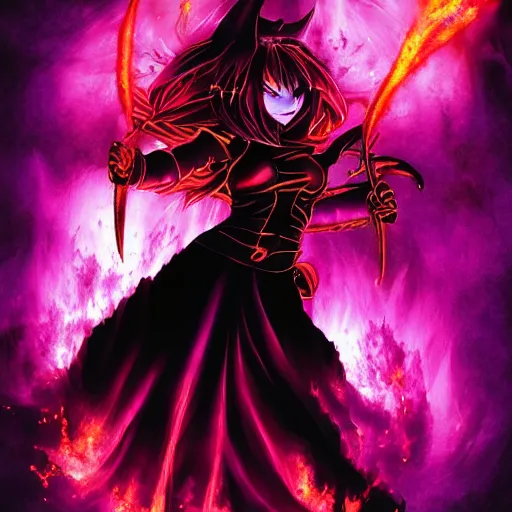 Prompt: pyromancer devil girl cover in purple death flames, deep pyro colors, purple laser lighting, micro macro autofocus, evil realm magic painting vibes