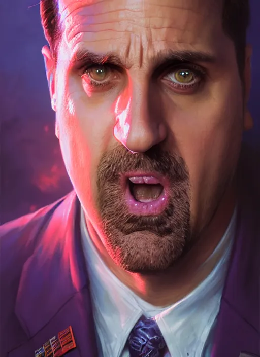 Image similar to highly detailed portrait of prison mike, michael scott, the office, steve carell, realistic, fantasy art by greg rutkowski, stanley artgerm, loish, rhads, tom bagshaw, global illumination, radiant light, detailed and intricate environment