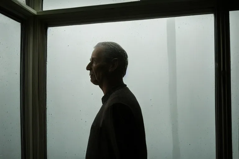 Prompt: a cinematic painting of the a beautiful 5 5 years old man through a steamed up glass window, beautiful lighting, high depth, ultra realistic, artistic, by annie leibovitz