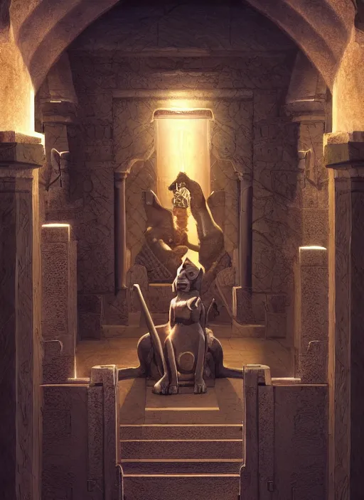 Image similar to anubis guarding the entrance to the mausoleum, concept art, digital illustration, trending on artstation, deviantart, artgerm, epic composition, masterpiece, highly detailed, advanced technique, realistic, ambient lighting, wlop, ross draws