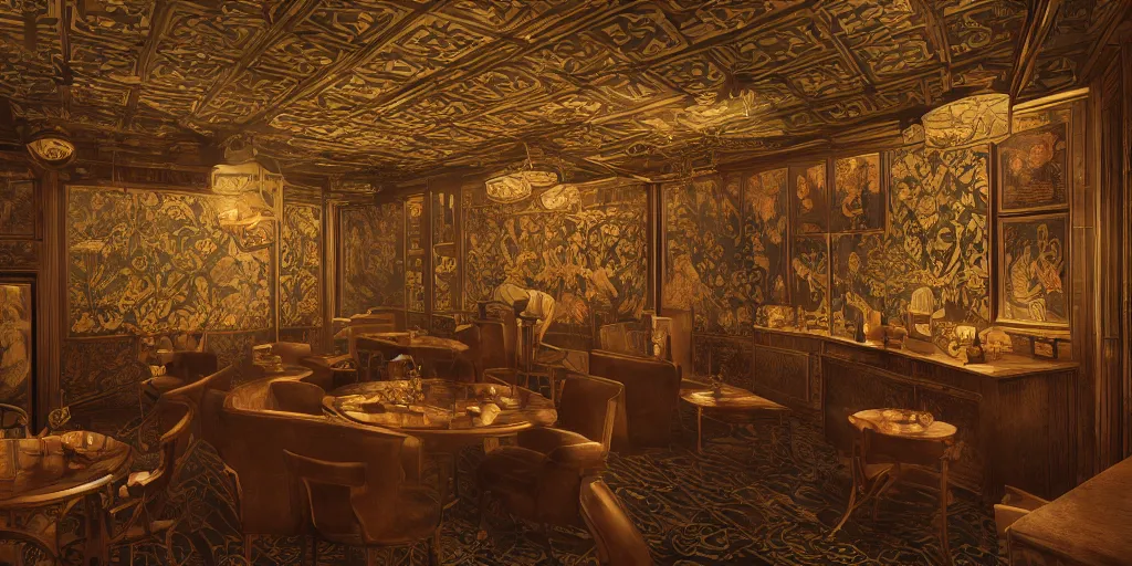 Image similar to prohibition era speakeasy, interior design by william morris, beautiful dramatic lighting, 8 k illustration, golden hour intricate, richly detailed, photorealistic imagery, artstation render inspired by victo ngai