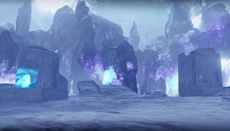 Prompt: crystalline, geode, icy, glassy, prismatic, blue purple, ethereal, cloudy, misty ice palace in destiny 2, castles and towers and clouds, sky, bright, elegant, highly detailed 4 k in - game destiny 2 screenshot gameplay showcase