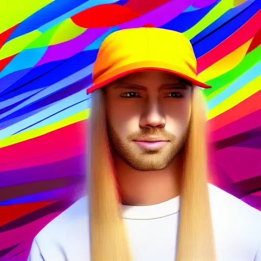 Prompt: colorful painting of a man with long blond hair with a colorful baseball cap for kids, matte painting, trending on art station, ultra - detailed, hq