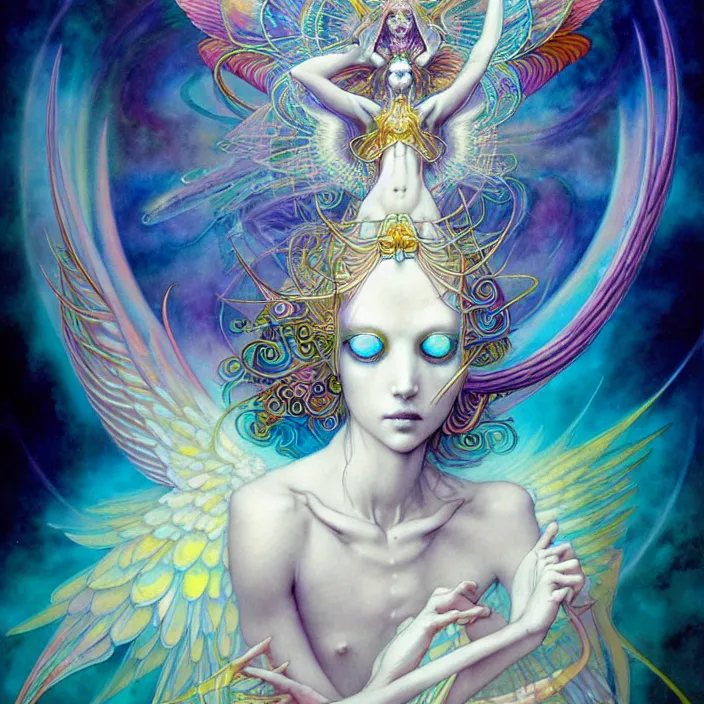 Image similar to psychedelic angelic celestial being by yoshitaka amano, and peter mohrbacher, ayahuasca, sacred geometry, esoteric art, watercolor