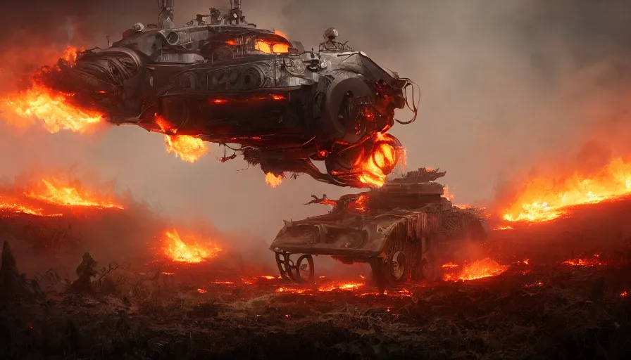 Prompt: Movie scene of a giant burning steampunk tank rolling on burning forest, hyperdetailed, artstation, cgsociety, 8k