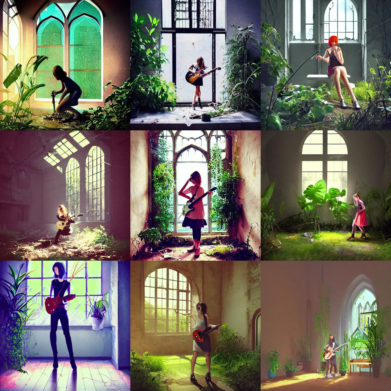 Prompt: “ a short hair girl playing electric guitar in an abandoned chapel with wildly growing plants, sunlight through the broken window, trending on artstation ”