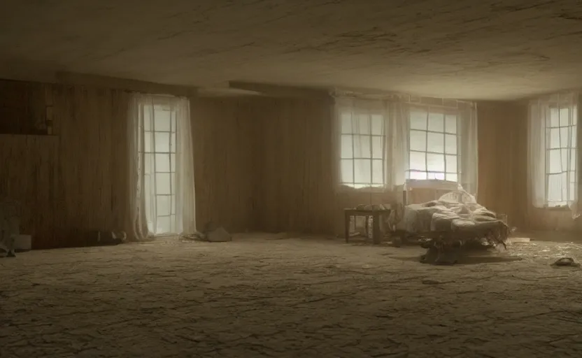 Image similar to photo of the interior of a house built on nothing and something for the nothing underneath, scene from being john malcovich film directed by charlie kaufman ( 2 0 0 1 ), moody cinematography and lighting, 2 4 mm anamorphic lens