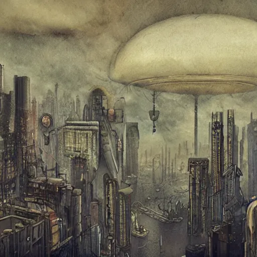 Prompt: A city in the clouds, floating islands, cyberpunk, noir, film noir, detectives, suspense, steam punk, anachronism, art nouveau, neo-noir, by Juan Morey and Santiago Caruso