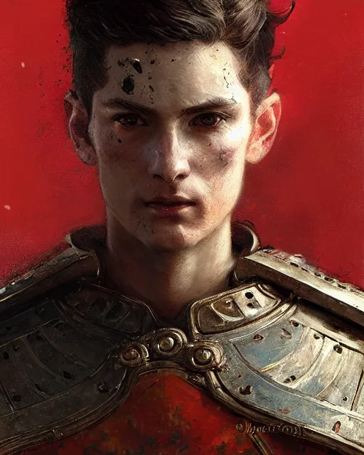 Image similar to close up of a young emperor wearing an armor ; masculine man with thin faces line and perfect jawline, two sides brown hair, elegant, ethereal horror fantasy art by greg rutkowski, jeremy mann, magali villeneuve and claude monet, large shoulders, red background