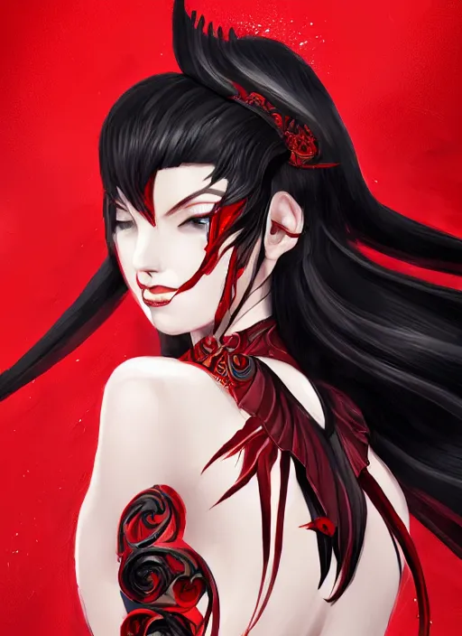 Image similar to a highly detailed illustration of beautiful black long hime cut hair woman wearing a red battle dress, red eyes, dramatic smile pose, intricate, elegant, highly detailed, centered, digital painting, artstation, concept art, smooth, sharp focus, league of legends concept art, WLOP