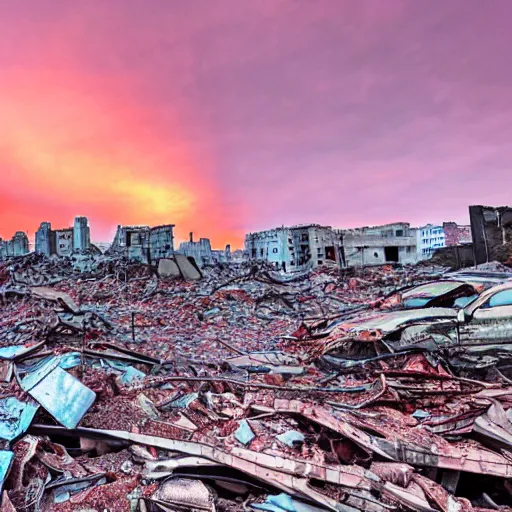 Prompt: a completely destroyed city with a red sky