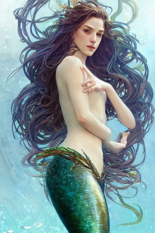 Prompt: portrait of a most beautiful mermaid, seaweed, atlantis, sci-fi, fantasy, intricate, very very beautiful, elegant, highly detailed, digital painting, artstation, concept art, smooth, sharp focus, illustration, art by artgerm and greg rutkowski and alphonse mucha