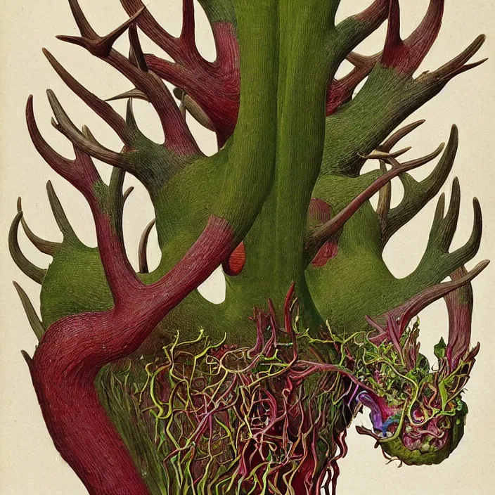 Image similar to close up portrait of a mutant monster creature with ten antlers growing in fractal forms, face in the shape of a colorful exotic carnivorous plant. by jan van eyck, walton ford