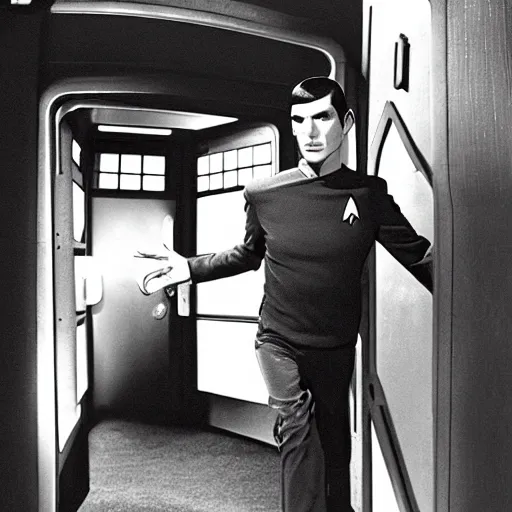 Prompt: photo of mr spock, mr spock star trek exiting!! the tardis!!!