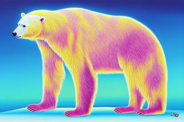 Image similar to a relaxed polar bear looking to the sky by lisa frank, alex grey, flooko, acrylic, digital art, painting,