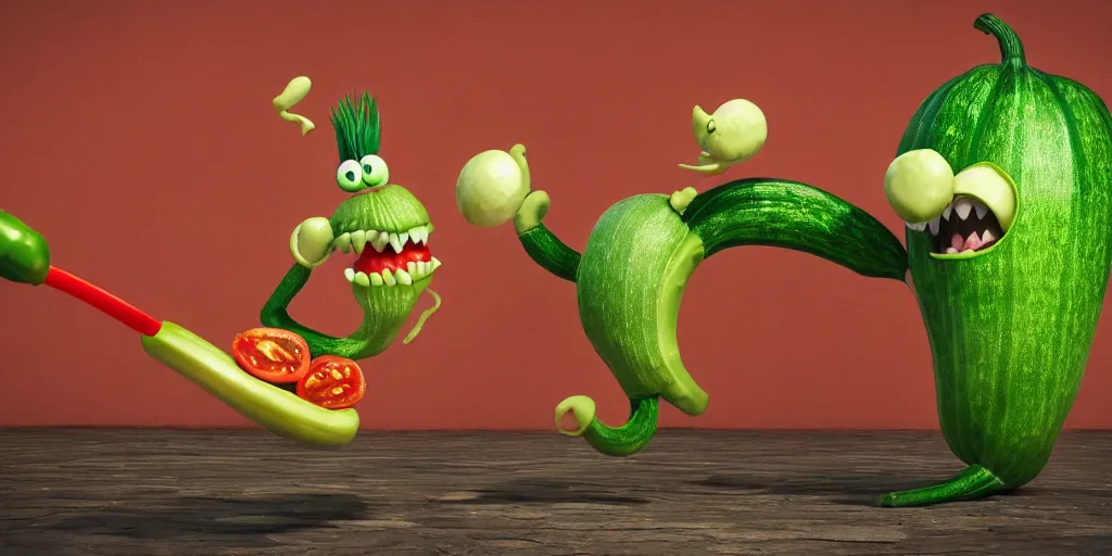 Image similar to detailed 3 d render of a mad zucchini character with arms and legs and a long sword chasing after a tomato character, hyper realistic octane render, cinematic lighting, pixar surrealism