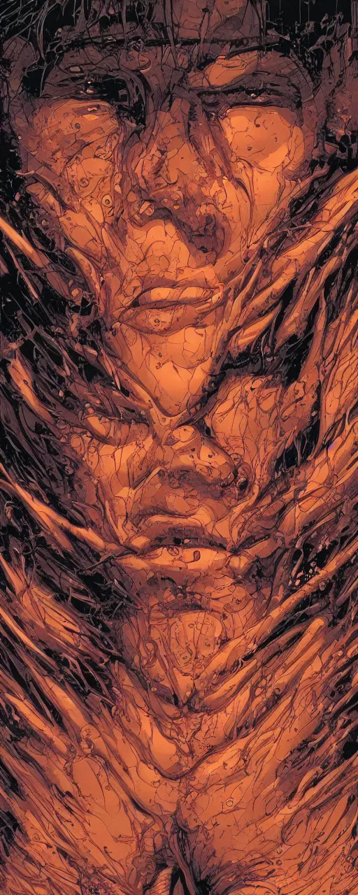 Image similar to closeup of face melting in agony, inside dark oil, frontal picture, by yoichi hatakenaka, masamune shirow, josan gonzales and dan mumford