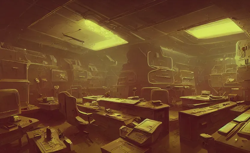 Image similar to Interior shot of a secret mysterious war room by Petros Afshar and Beeple, James Gilleard, Mark Ryden, Wolfgang Lettl highly detailed