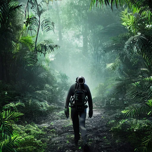 Image similar to a heavily equipped man wearing a gasmask, walking through a lush jungle, realistic octane render, ray traced, god rays, extremely high detail