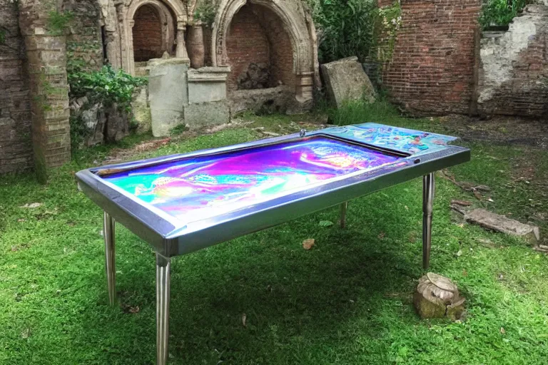 Prompt: hologram al fresco pinball table in the garden ruins, fantasy street urchins gathered round