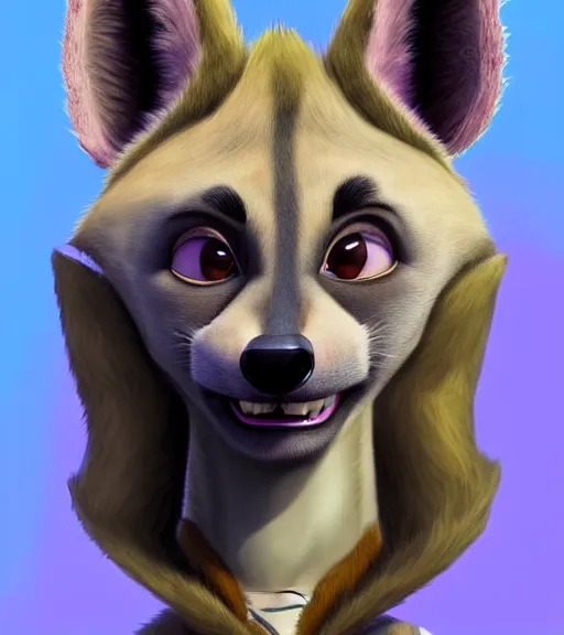 Prompt: digital detailed portrait of anthromorphic female hyena, in style of zootopia, fursona, furry, furaffinity, 4 k, deviantart, wearing astronaut outfit, in style of disney zootopia, floating in space, space background, in deep space, dark background, hyena fursona, cyberpunk, female, detailed face, style of artgerm,