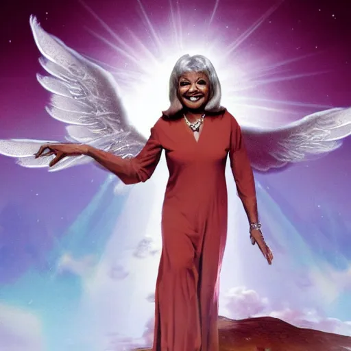 Prompt: nichelle nichols as a heavenly angel in cloud heaven photorealistic fantasy epic