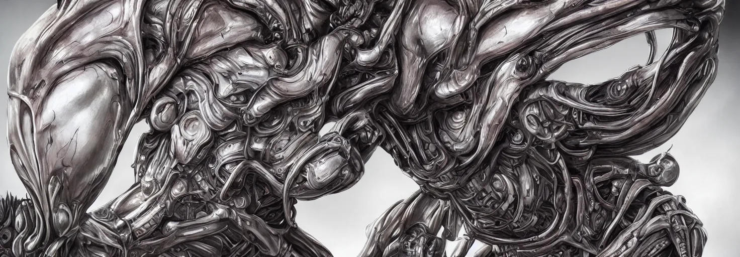 Image similar to engineer alien bood face by Artgerm, xenomorph alien, highly detailed, symmetrical long head, blood color, smooth marble surfaces, detailed ink illustration, raiden metal gear, cinematic smooth stone, deep aesthetic, concept art, post process, 4k, carved marble texture and silk cloth, latex skin, highly ornate intricate details, prometheus, evil, moody lighting, hr geiger, hayao miyazaki, indsutrial Steampunk