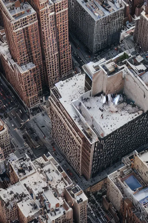 Image similar to !dream a man jumping from a building in New York, dust explosion, ground view 4k detailed photography