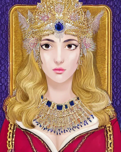 Image similar to portrait of a beautiful greek woman +diadem with facemask and feather crest+ long hairs and complex hairdressing+antique greek tunique+symmetric face, symmetric body+gold jewels, collar, earings, rubis, sapphire, topaz,citrite+gods of olympe+ in the style of saint seiya + by Joongwon Jeong and Kei Mieno, artsation, unreal engine render, octane render